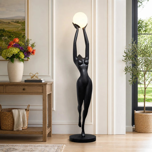 Tylis Modern Minimalist Resin Lady Sculpture Sphere Glass Shade Floor Light