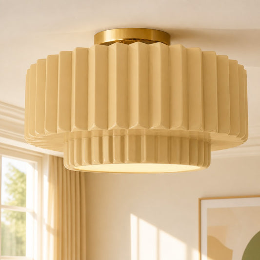 Yvaine Modern Round Ceramic Pleated Semi Flush Mount Light