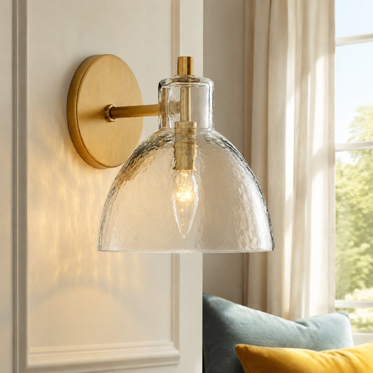 Yvette Vintage Brass Dome Hammered Glass 1/2/3-Light Bathroom Vanity Wall Sconce