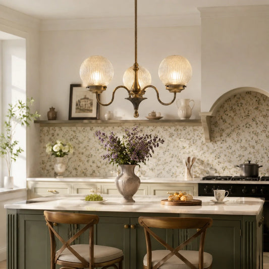 Antique Brass Globe Ribbed Glass Chandelier