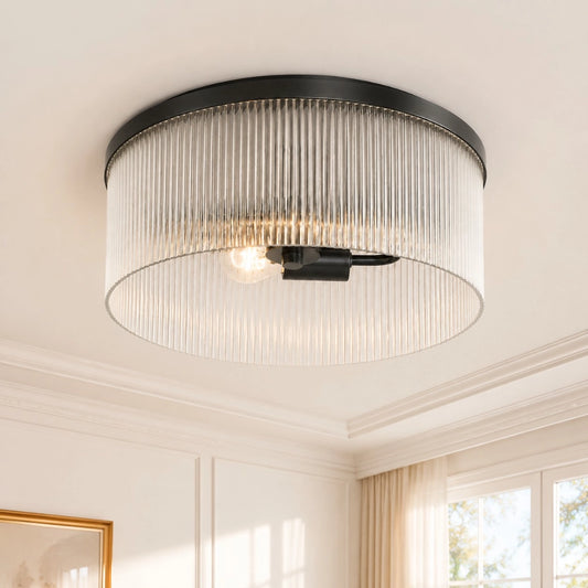 Maya Rustic Farmhouse Round Ribbed Glass Ceiling Light