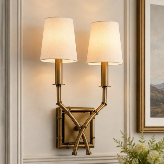Soleil Vintage Double Arm Bamboo Brass Fabric Wall Sconce