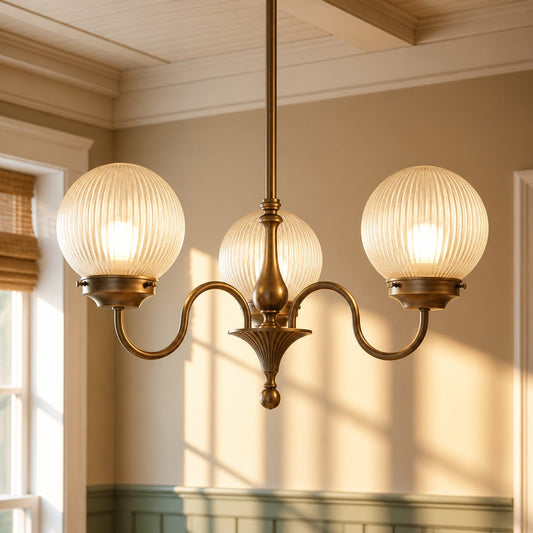 Antique Brass Globe Ribbed Glass Chandelier