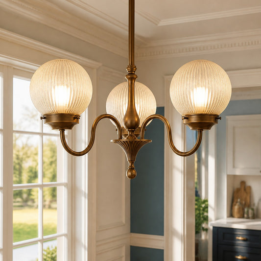 Antique Brass Globe Ribbed Glass Chandelier