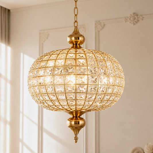 Voss Luxury Globe Crystal Antique Brass Pendant Light