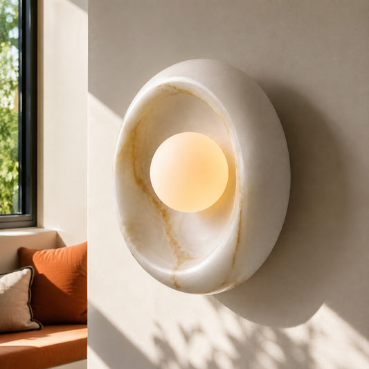 Modern Round Concave Amber Glass/Alabaster Bowl Wall Sconce