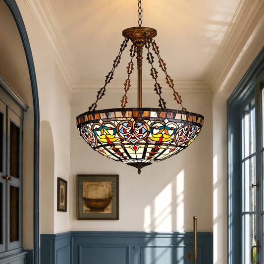 Hand‑Cut Copper Foil Stained Glass Tiffany Bowl Pendant Light