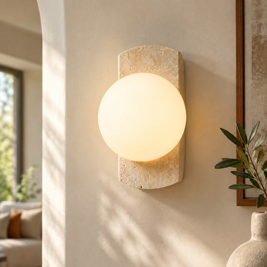 Robin Minimalist Travertine & Opaline Glass Globe Wall Sconce