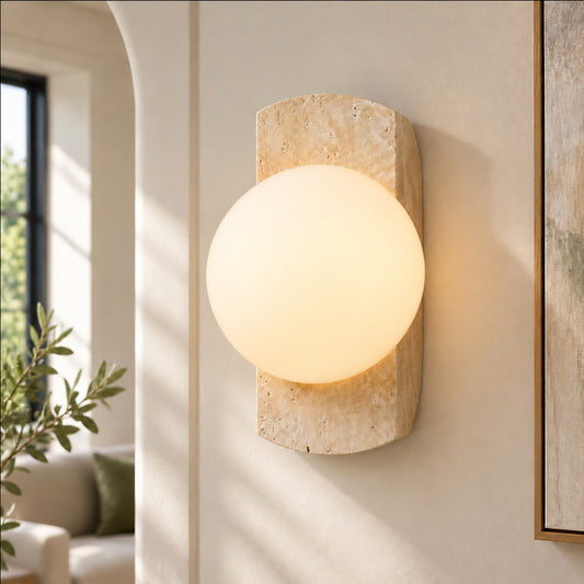 Robin Minimalist Travertine & Opaline Glass Globe Wall Sconce