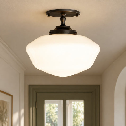 Zachary Vintage Schoolhouse Art Deco Wavy Bowl Opal Glass Ceiling Light