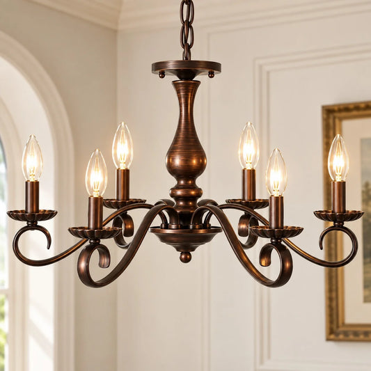 Arlo Vintage Bronze Scrolling Arm 6-Light Chandelier