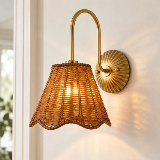 Rune Vintage Scalloped Rattan Brass Wall Sconce