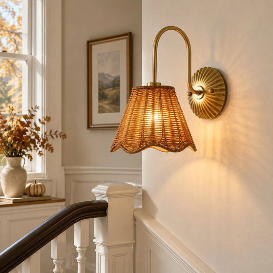 Rune Vintage Scalloped Rattan Brass Wall Sconce
