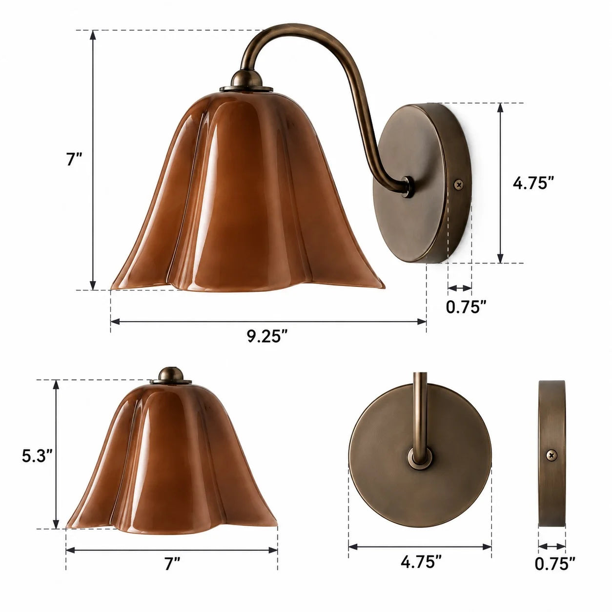 Dimension diagram: overall width 9.25 inches, height 7 inches, shade width 7 inches and round backplate 4.75 inches