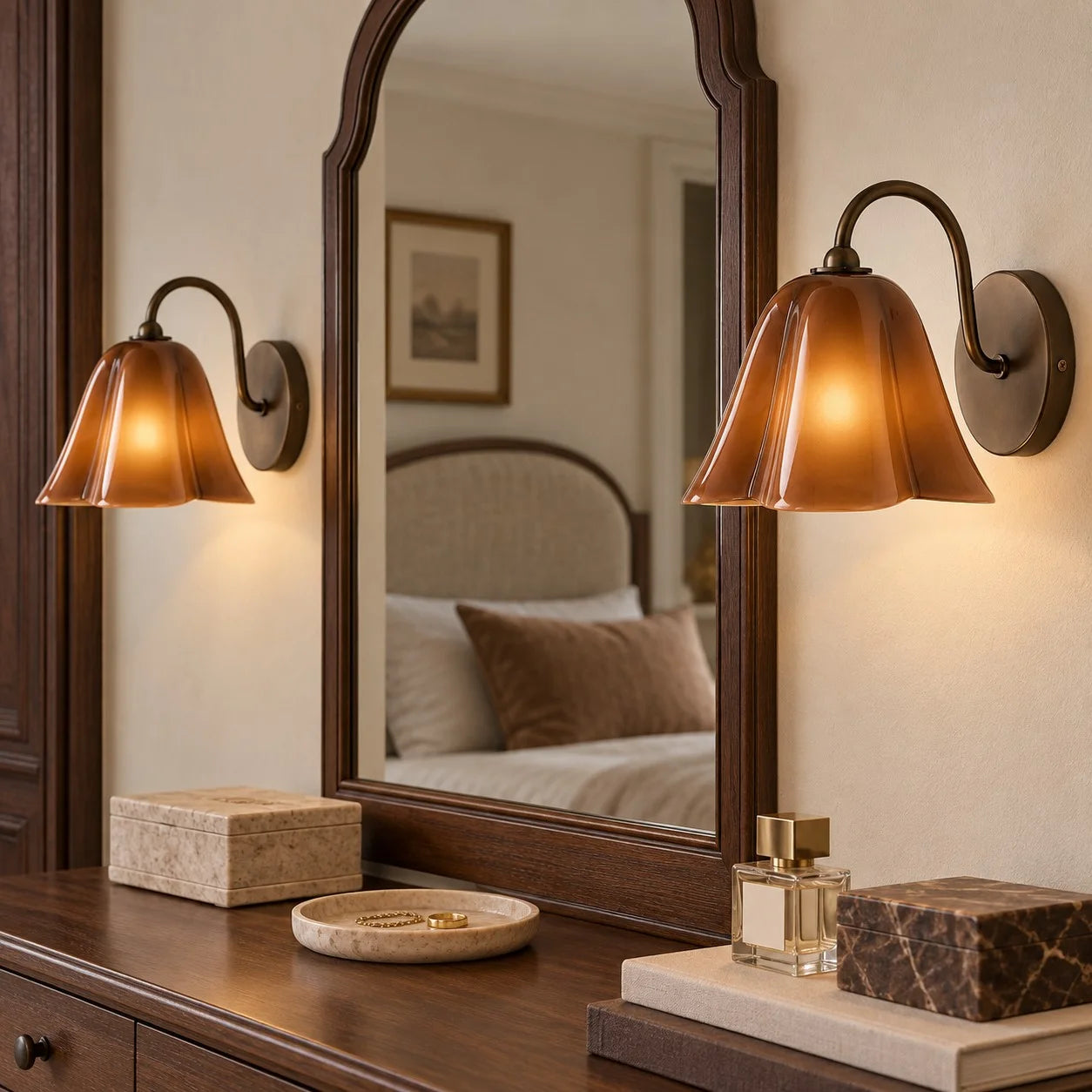 Amber Nikolas sconces around a bedroom mirror