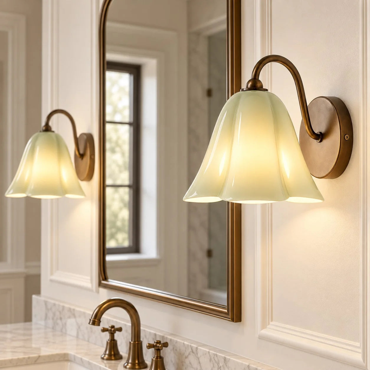 Green Nikolas wall sconces by a bathroom mirror