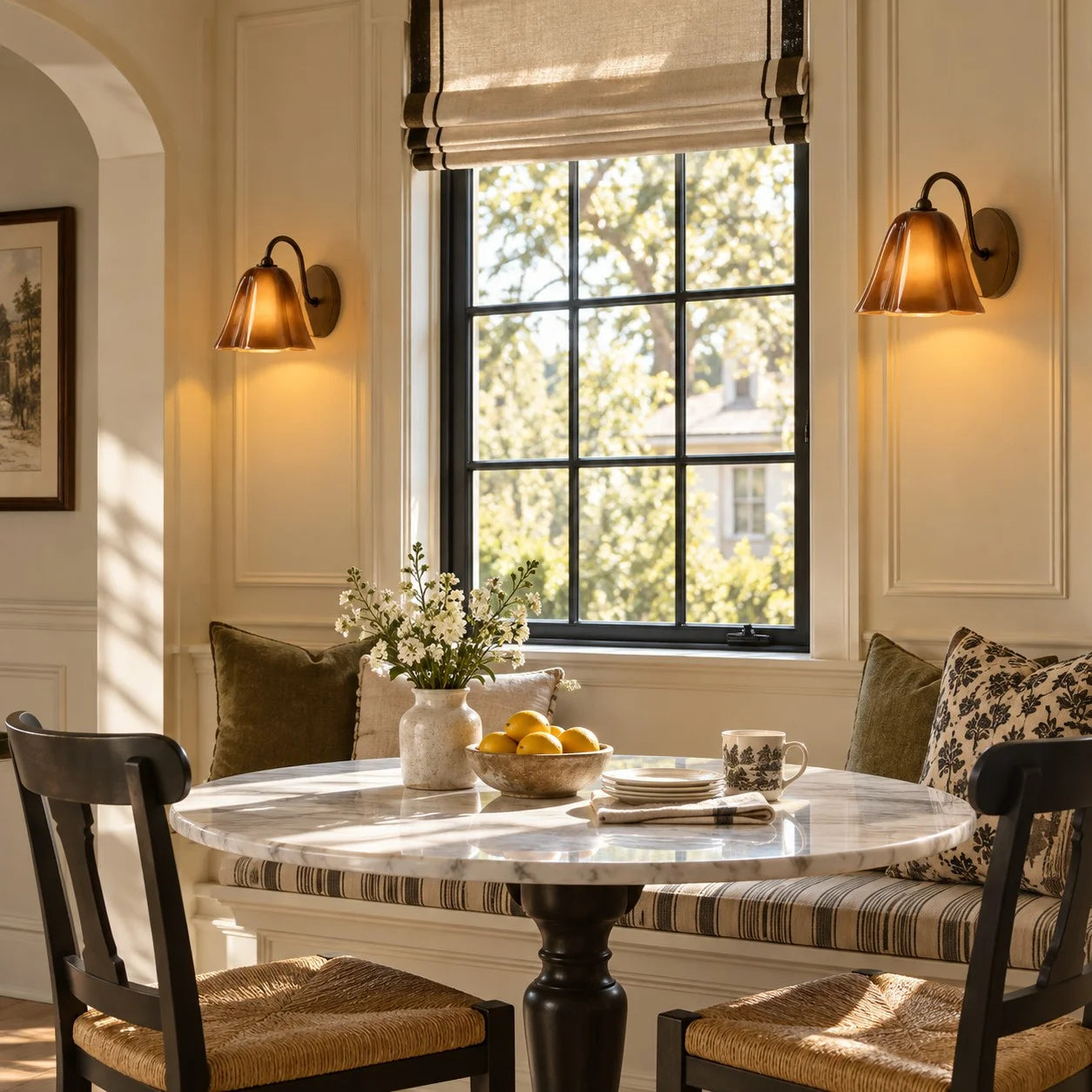 Amber Nikolas sconces in a dining area