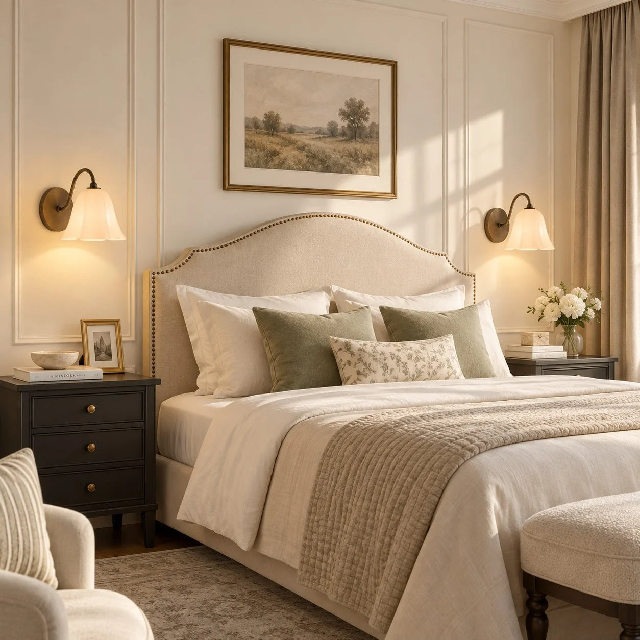 Blush Nikolas bedside wall sconces in a bedroom