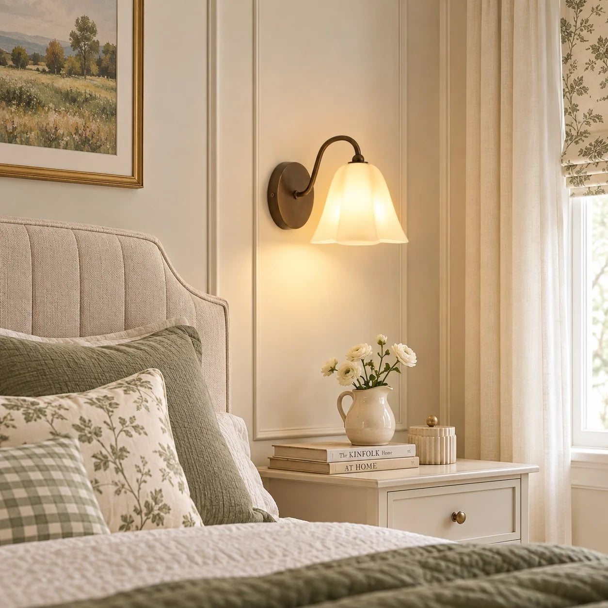 Blush Nikolas wall sconce by a bedroom bedside table