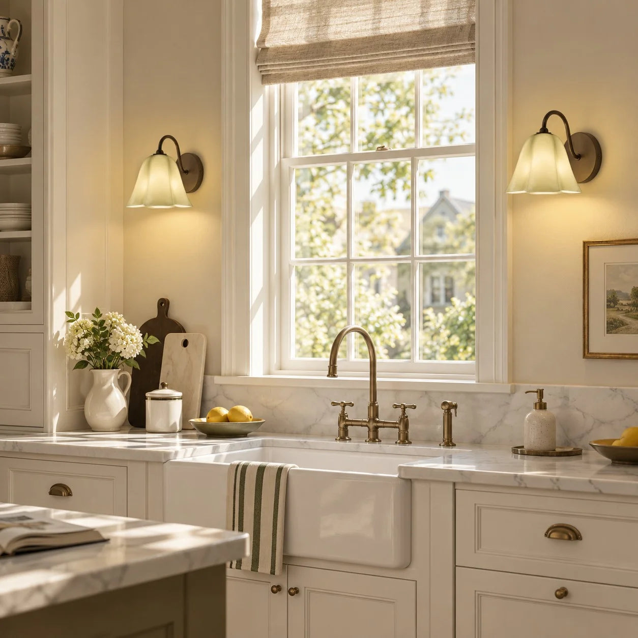 Green Nikolas sconces above a kitchen sink