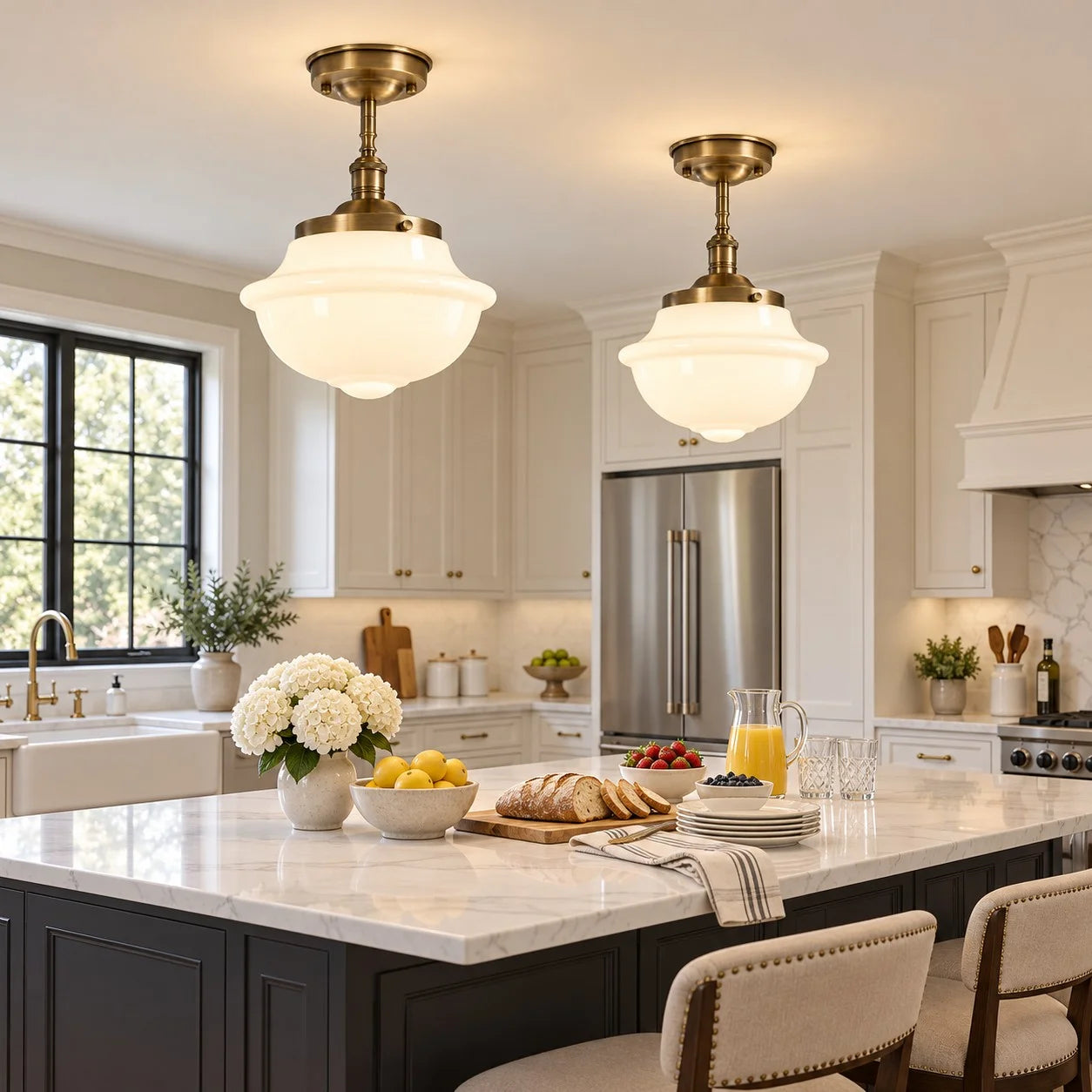 Two milk glass Lark schoolhouse ceiling lights above a kitchen island
