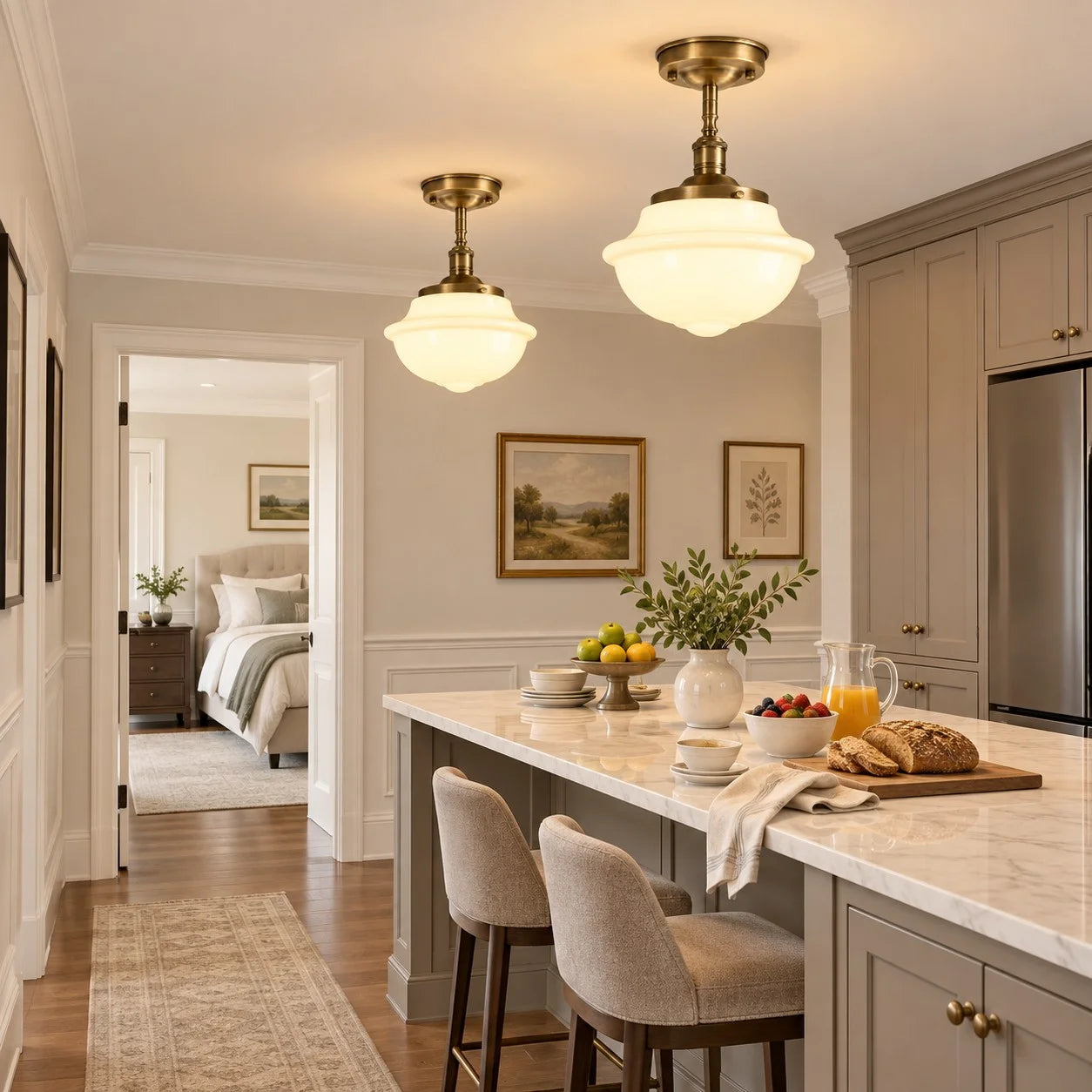 Milk glass Lark ceiling lights above a kitchen island