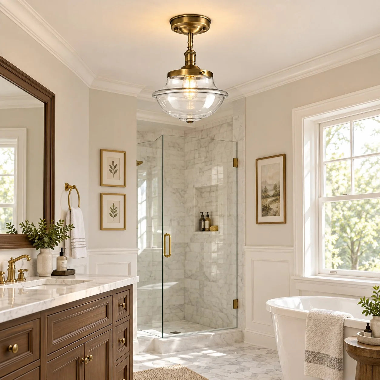 Clear glass Lark schoolhouse ceiling light in a bright bathroom