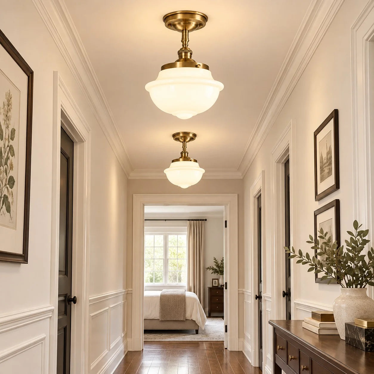 Milk glass Lark ceiling lights along a hallway