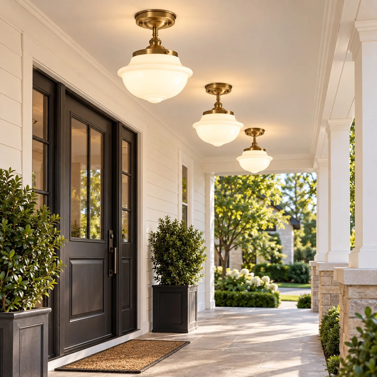 Milk glass Lark ceiling lights in a covered entryway