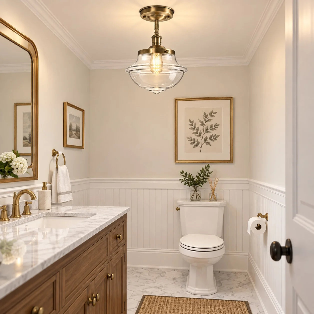Clear glass Lark ceiling light above a bathroom vanity