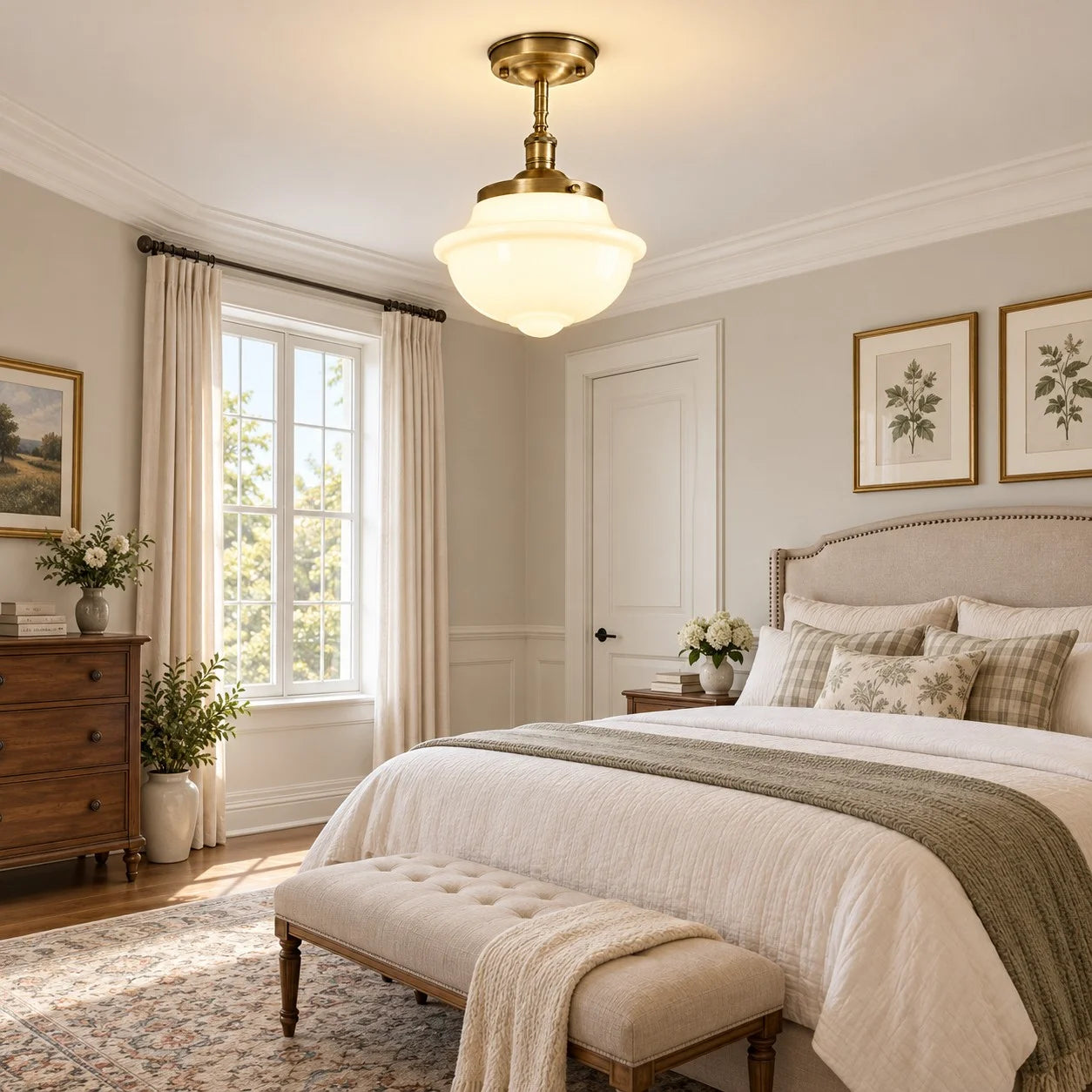Milk glass Lark schoolhouse ceiling light in a neutral bedroom