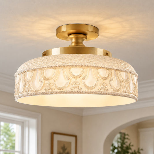 Estelle Mid-Century Green Pattern Textured Floral Glass Semi Flush Mount Ceiling Light
