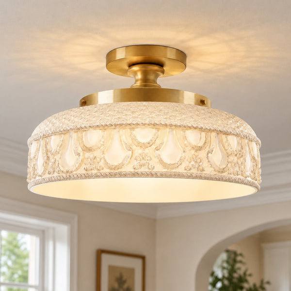 Estelle Mid-Century Green Pattern Textured Floral Glass Semi Flush Mount Ceiling Light