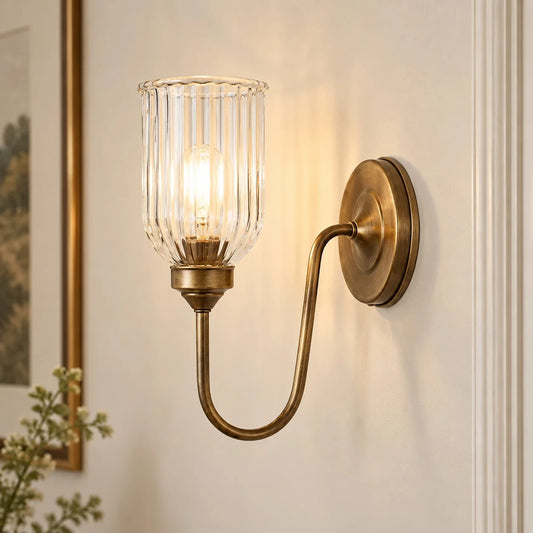 Megen Vintage Brass Cylinder Ribbed Glass Wall Sconce