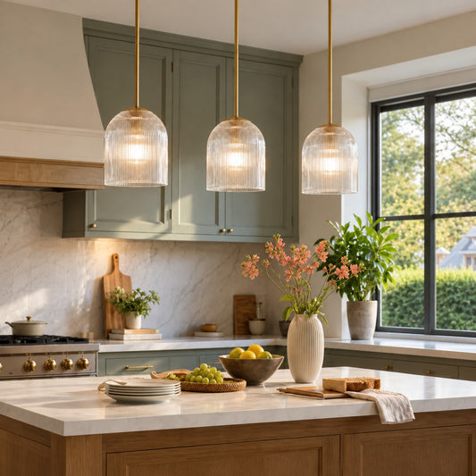 Crosby Modern Farmhouse Cooper Ribbed Glass Pendant Light for Dining Room