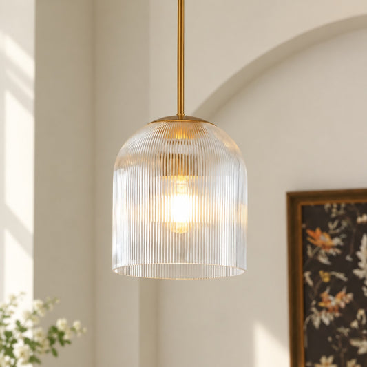 Crosby Modern Farmhouse Cooper Ribbed Glass Pendant Light for Dining Room