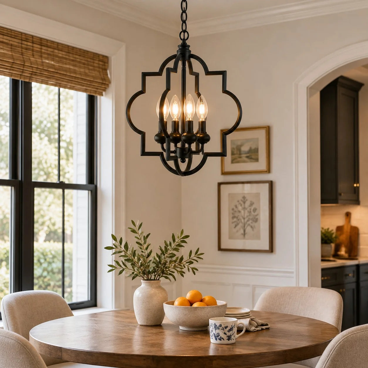 Black Fable chandelier in a dining nook