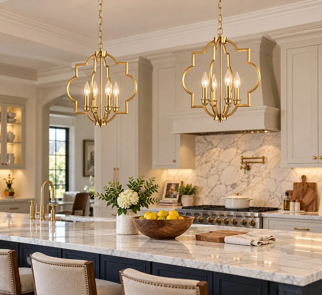 Gold Fable chandeliers above a kitchen island