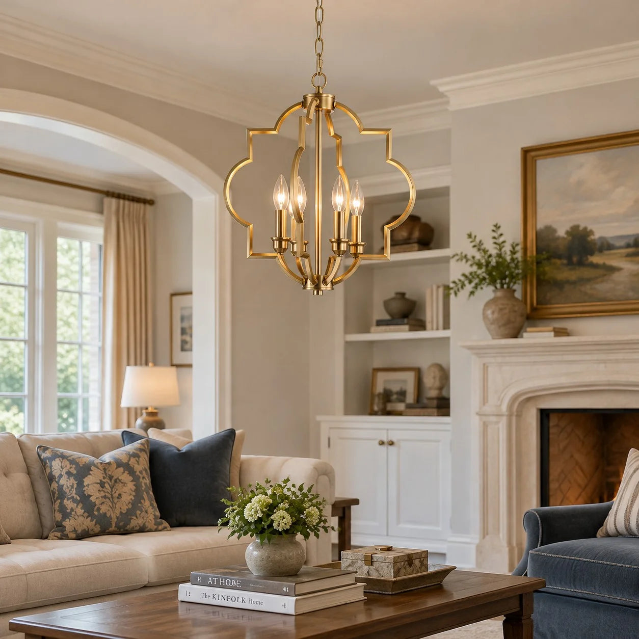 Gold Fable chandelier in a living room