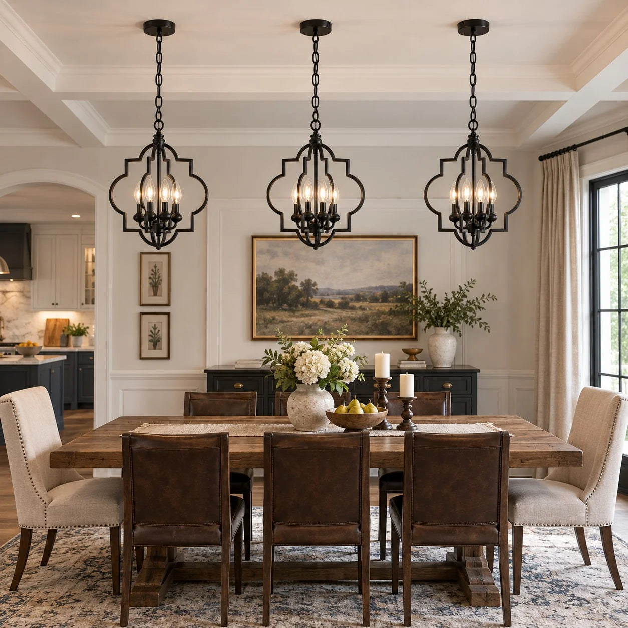 Black Fable chandeliers in a dining room