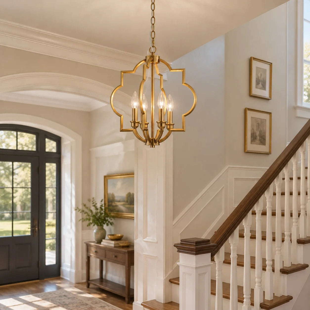 Gold Fable chandelier in a foyer