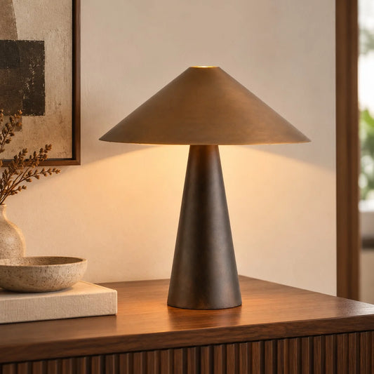 Azra Minimalist Aged Brass and Bronze Cone Table Lamp