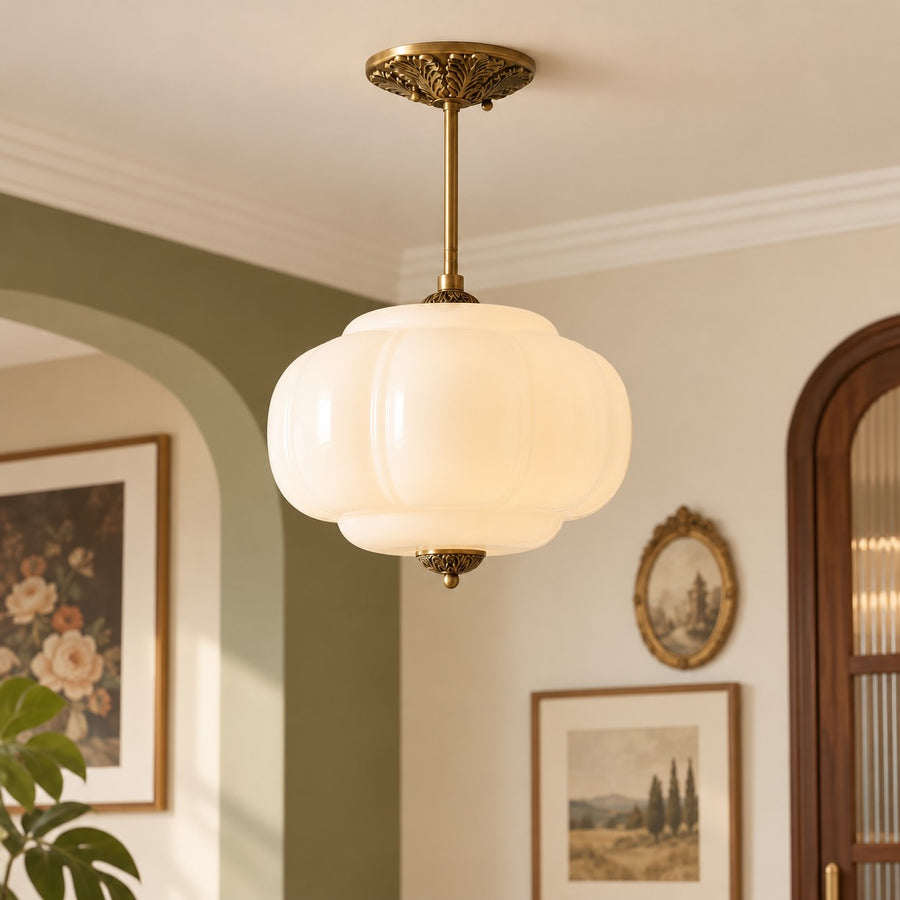 Eloise Vintage Scallop Milk Glass Semi-Flush Pendant Light