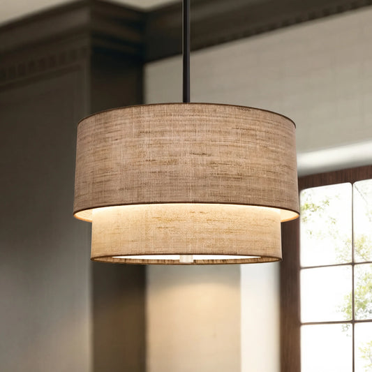 Beck Modern Fabric Natural Linen Double Drum Pendant Light