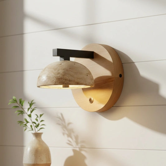 Eiren Vintage Wabi-Sabi Travertine Wood and Stone Wall Sconce