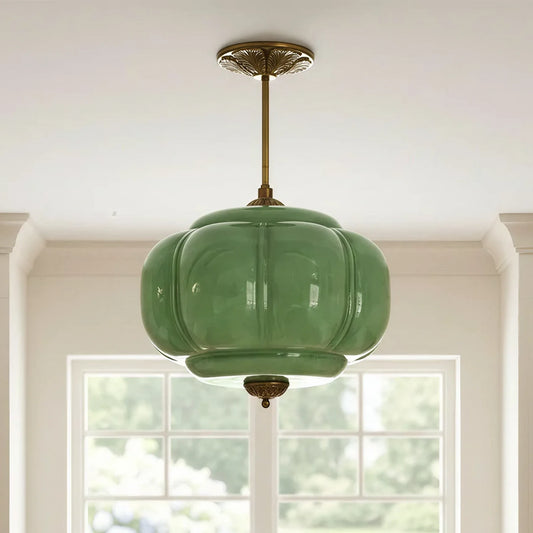 Vintage Eloise Milk Glass Pumpkin Semi-Flush Mount Pendant Light