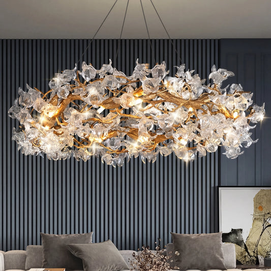 Glass Crystal LED Branches Chandelier - Handmade Kapok Flower Decoration