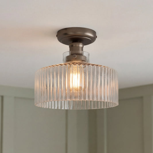 Doto Vintage Ribbed Glass Drum Flush Mount Ceiling Light