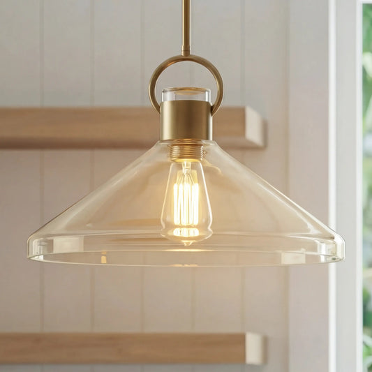 Modern Farmhouse Wide Cone Recycled Clear Glass Brass Pendant Light