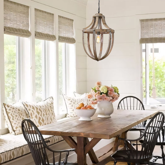 Farmhouse Rustic Wood Pendant with Open Cage Design